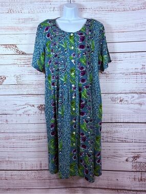 The Vermont Country Store Teal Floral Short Sleeve Vintage Midi Dress